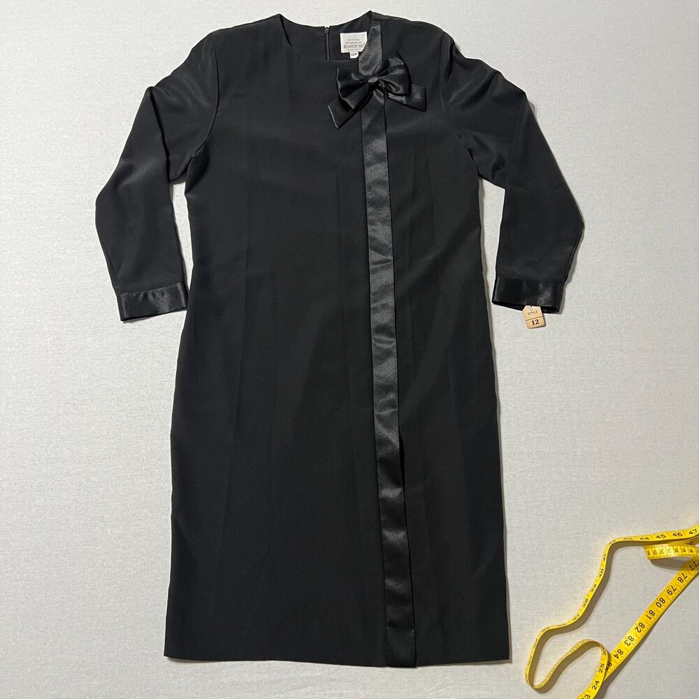 Vintage Boutique Studio Womens 12P Black Bow Dress Satin Trim Mod Shift Midi
